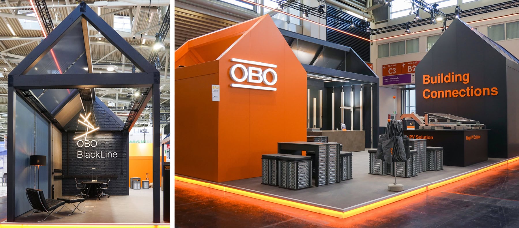 OBO auf der BAU 2025 in München – modulare Architektur mit mehreren Themenhäusern zur vielseitigen Produktinszenierung.